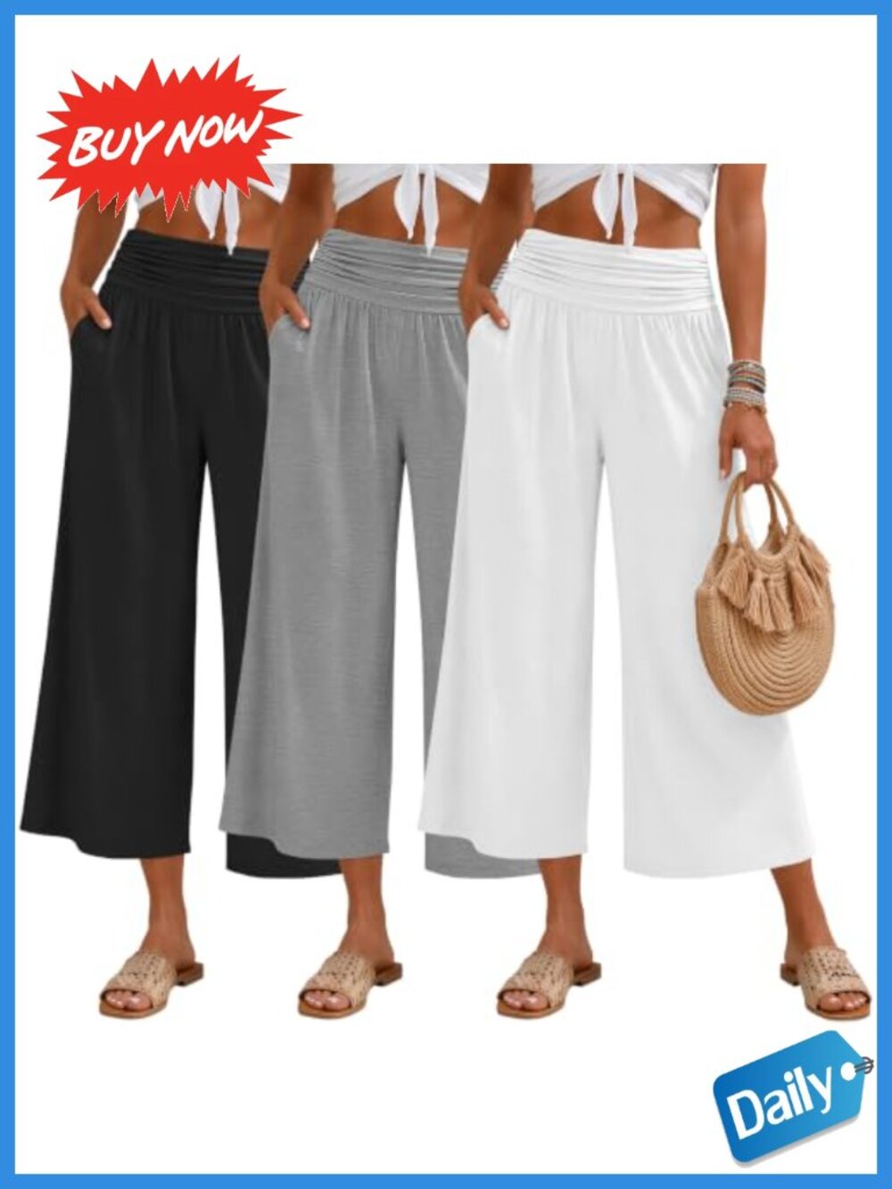 Wide Leg Capri Sweatpants 3 Pack High Waist Pockets Yoga Casual